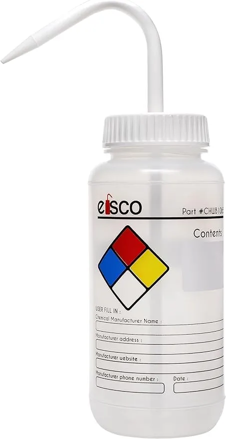EISCO Chemical Wash Bottle, Blank Labels, 500mL - Wide Mouth, Self Venting, Low Density Polyethylene - NFPA Hazard Diamond - Performance Plastics Labs