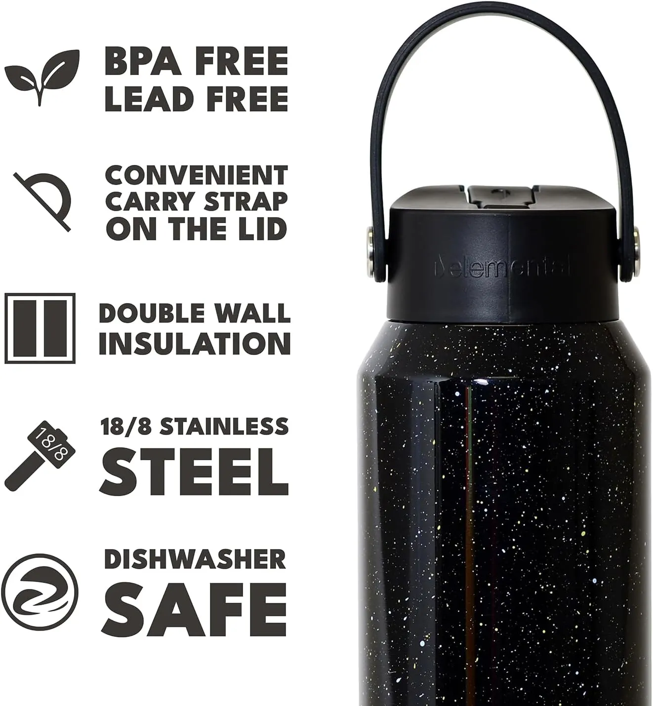 Elemental 100% Leak Proof Core Stainless Steel Water Bottle - 40 oz Double Wall Insulated Water Bottles for Travel, Sports and Gym - Reusable Bottle with Straw lid - Black Speckle