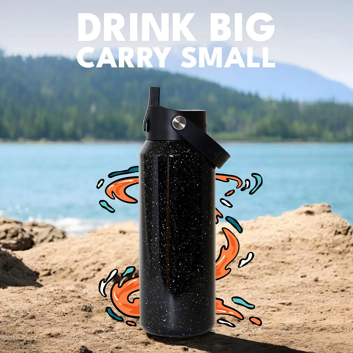 Elemental 100% Leak Proof Core Stainless Steel Water Bottle - 40 oz Double Wall Insulated Water Bottles for Travel, Sports and Gym - Reusable Bottle with Straw lid - Black Speckle