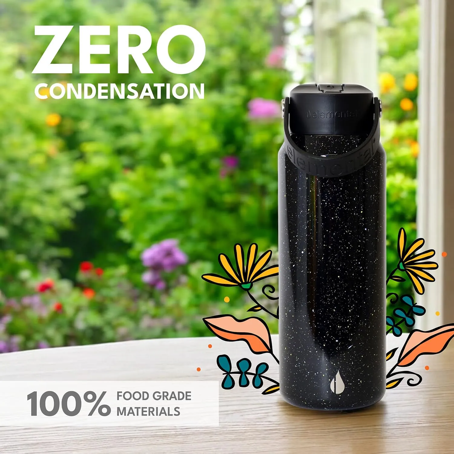 Elemental 100% Leak Proof Core Stainless Steel Water Bottle - 40 oz Double Wall Insulated Water Bottles for Travel, Sports and Gym - Reusable Bottle with Straw lid - Black Speckle