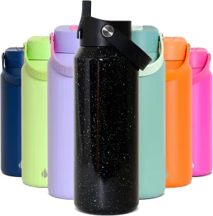Elemental 100% Leak Proof Core Stainless Steel Water Bottle - 40 oz Double Wall Insulated Water Bottles for Travel, Sports and Gym - Reusable Bottle with Straw lid - Black Speckle