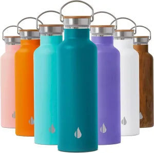 Elemental Classic Stainless Steel Water Bottle - 25oz Leak Proof Double Wall Insulated Water Bottle for Travel, Gym, Sports and Hydration - Thermos Water Bottles with Bamboo Lid - Teal