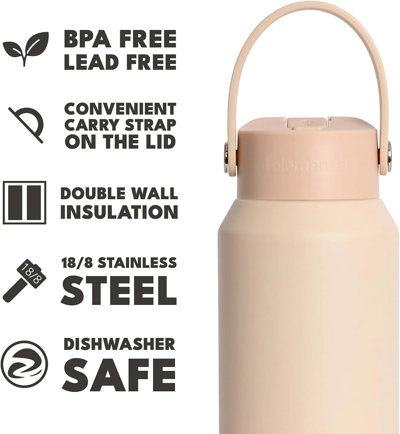 Elemental Core Stainless Steel Water Bottle with Straw - Leak Proof Double Wall Insulated Water Bottles for Travel, Sports and Gym - BPA Free Sport Thermos with Flip-up Straws - 40oz, Beige