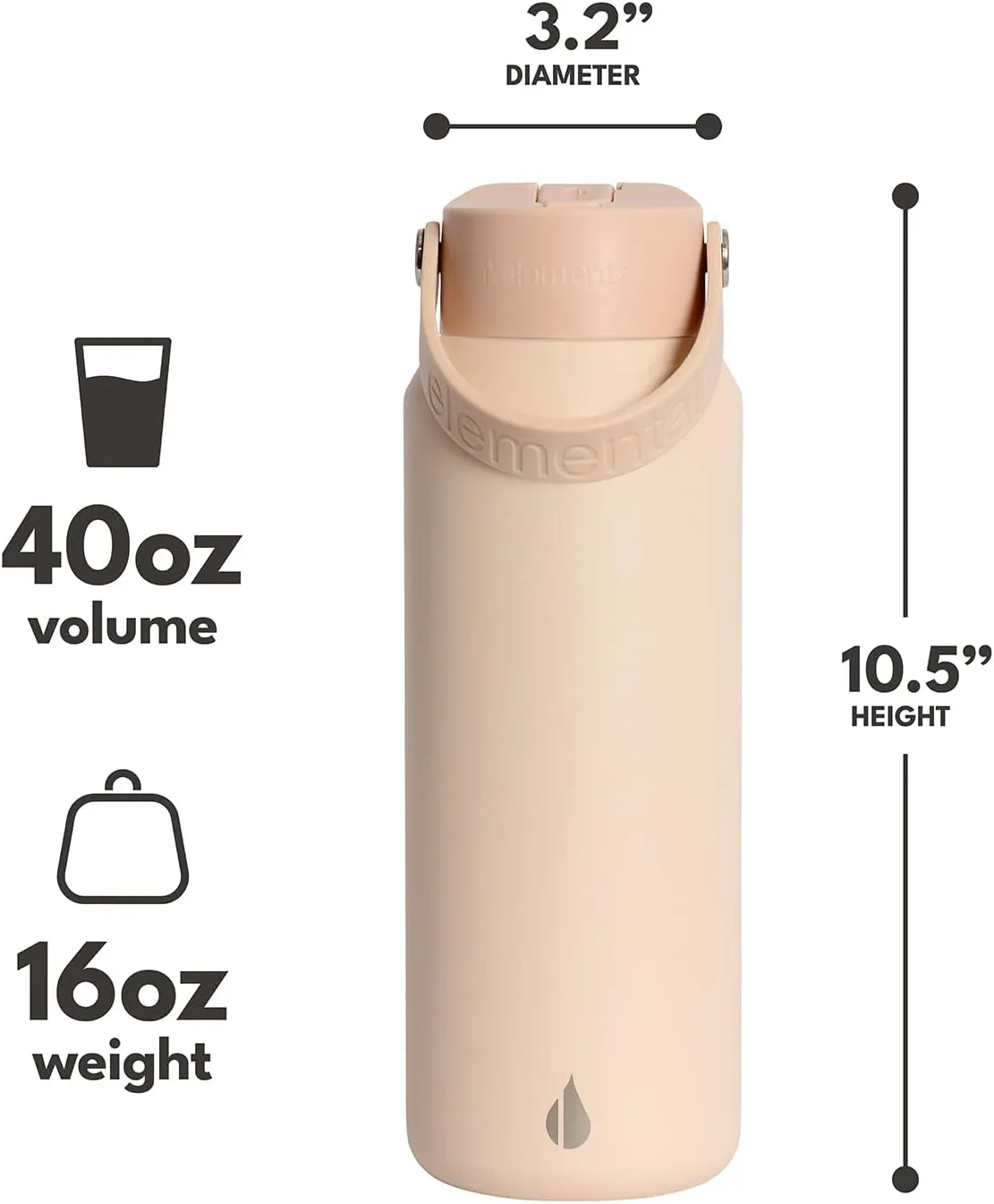 Elemental Core Stainless Steel Water Bottle with Straw - Leak Proof Double Wall Insulated Water Bottles for Travel, Sports and Gym - BPA Free Sport Thermos with Flip-up Straws - 40oz, Beige