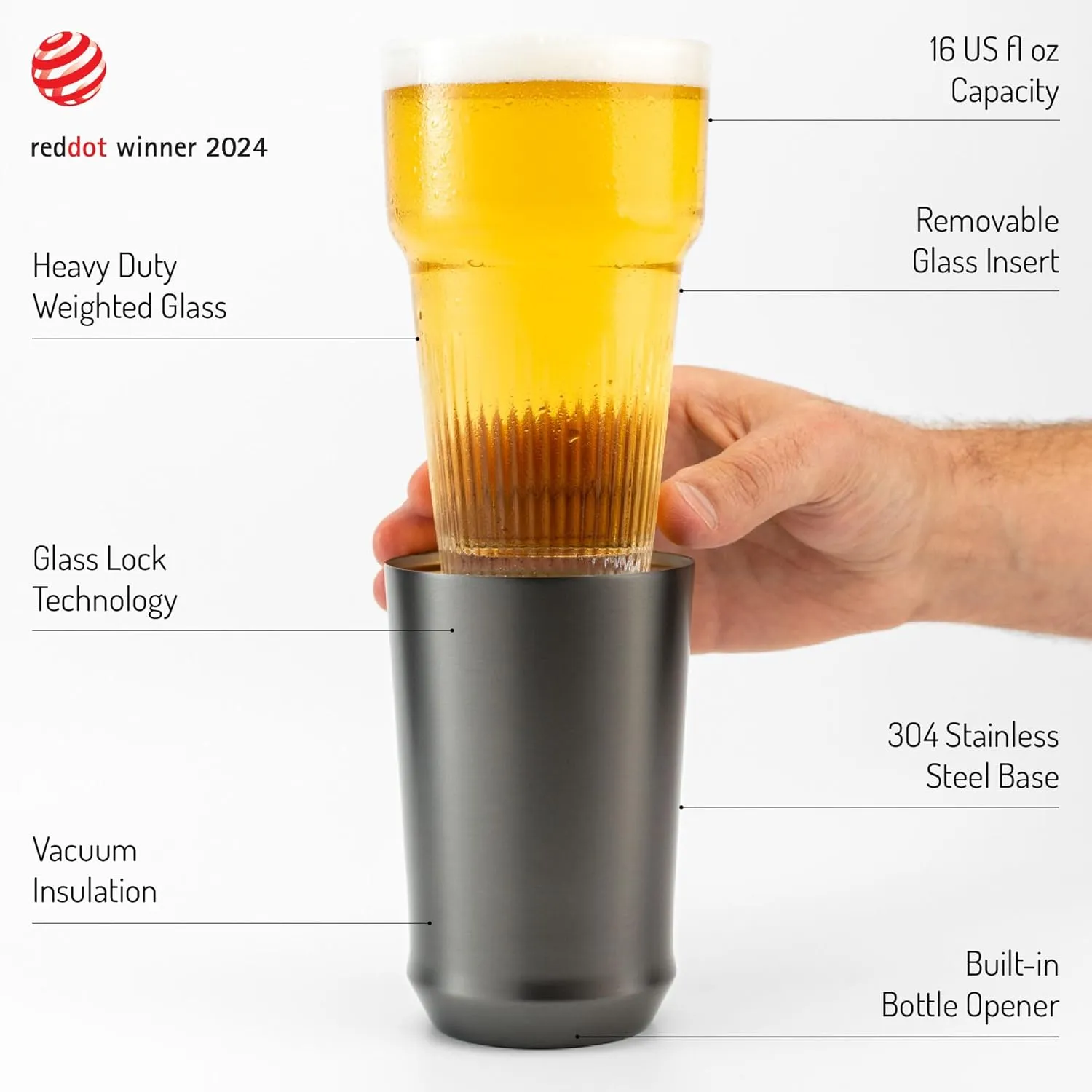 Elevated Craft Hybrid Vacuum Insulated Stainless Steel Base with Removable Pint Glass Insert, Ideal Insulation for Beers & Cold Beverages with Built-in Bottle Opener, Durable & Stylish, Black (16 oz)