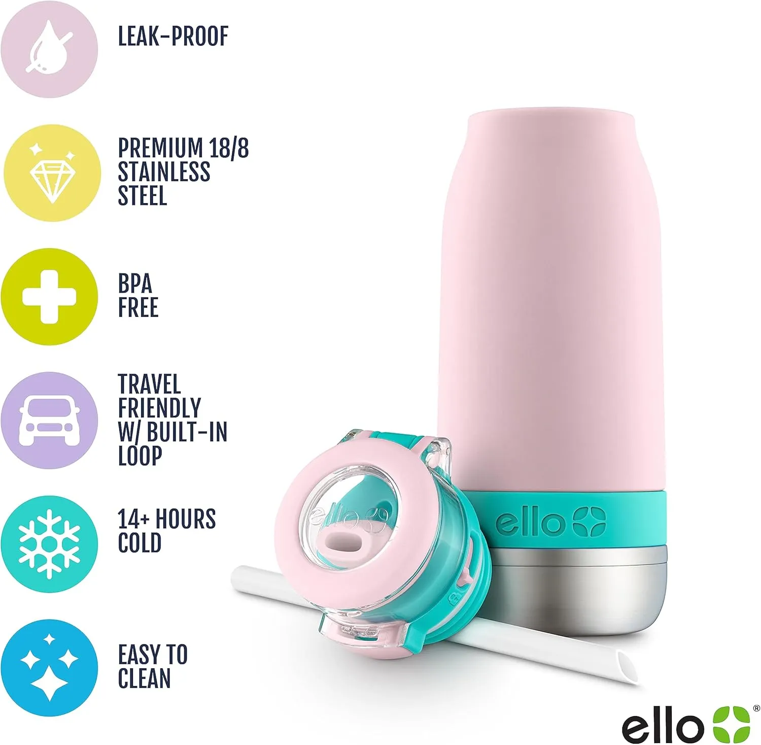 Ello Emma 14oz Vacuum Insulated Stainless Steel Kids Water Bottle with Straw and Built-in Carrying Handle and Leak-Proof Locking Lid for School Backpack, Lunchbox and Outdoor Sports, Cotton Candy