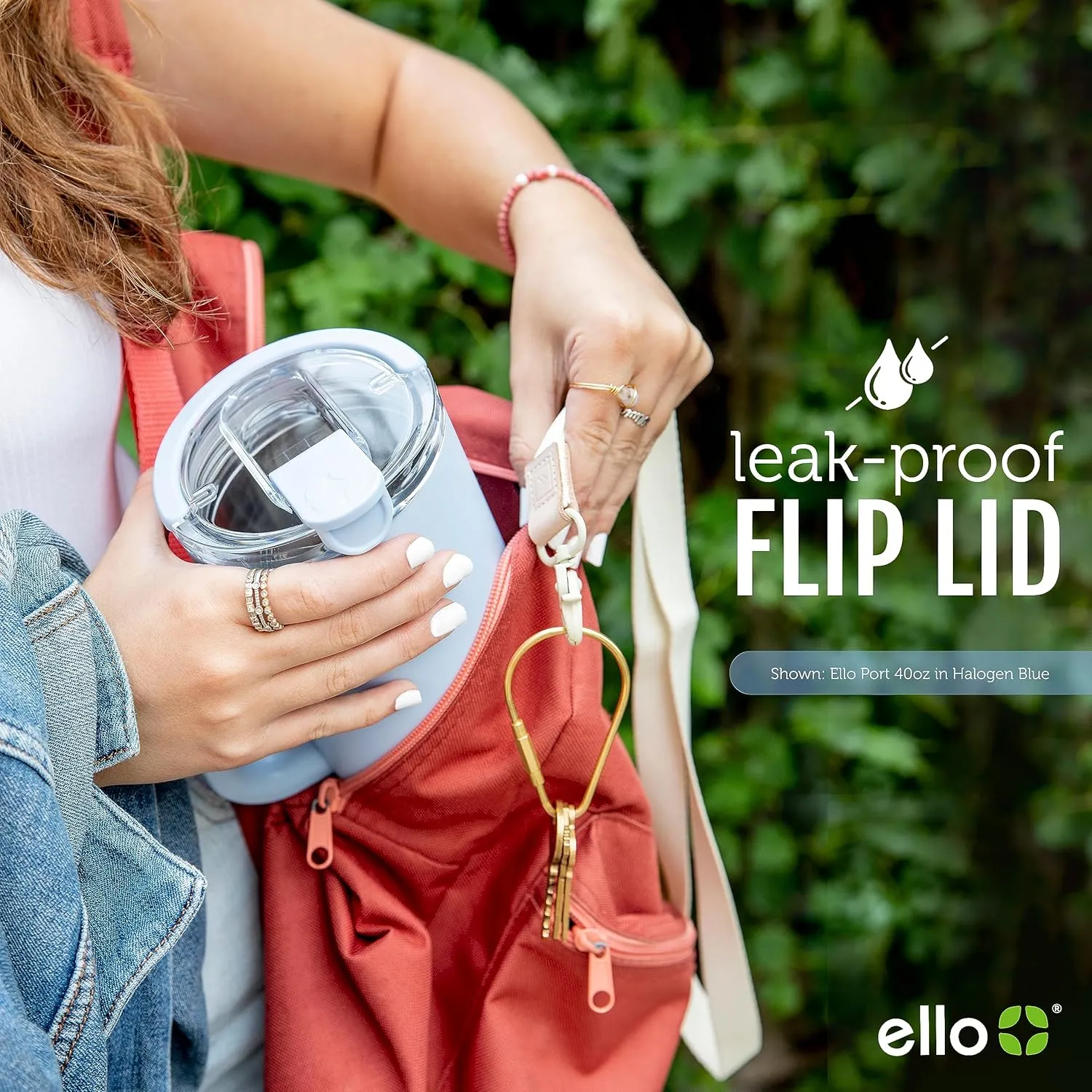 Ello Port 40oz Tumbler with Carry Loop & Integrated Handle, Vacuum Insulated Stainless Steel Reusable Water Bottle, Travel Mug with Leak Proof Lid and Straw, Perfect for Iced Coffee and Tea, Black