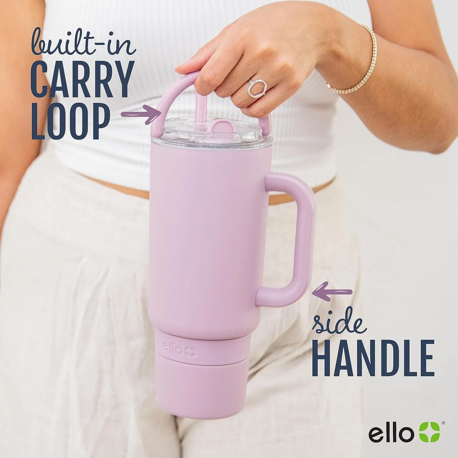 Ello Port 40oz Tumbler with Carry Loop & Integrated Handle, Vacuum Insulated Stainless Steel Reusable Water Bottle, Travel Mug with Leak Proof Lid and Straw, Perfect for Iced Coffee and Tea, Black