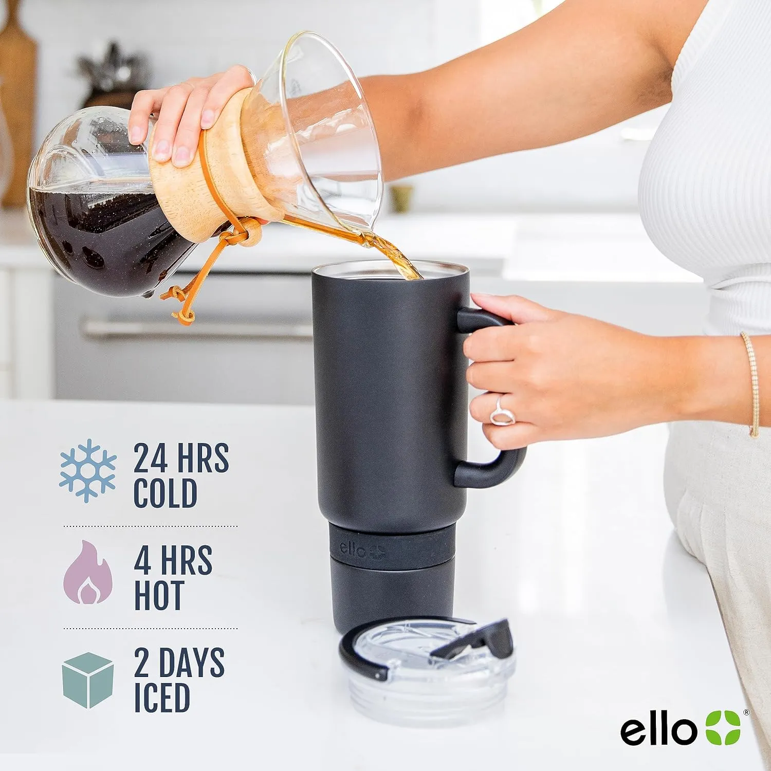 Ello Port 40oz Tumbler with Carry Loop & Integrated Handle, Vacuum Insulated Stainless Steel Reusable Water Bottle, Travel Mug with Leak Proof Lid and Straw, Perfect for Iced Coffee and Tea, Black