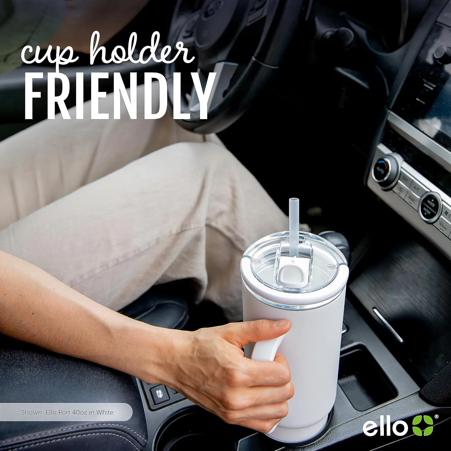 Ello Port 40oz Tumbler with Carry Loop & Integrated Handle, Vacuum Insulated Stainless Steel Reusable Water Bottle, Travel Mug with Leak Proof Lid and Straw, Perfect for Iced Coffee and Tea, Black