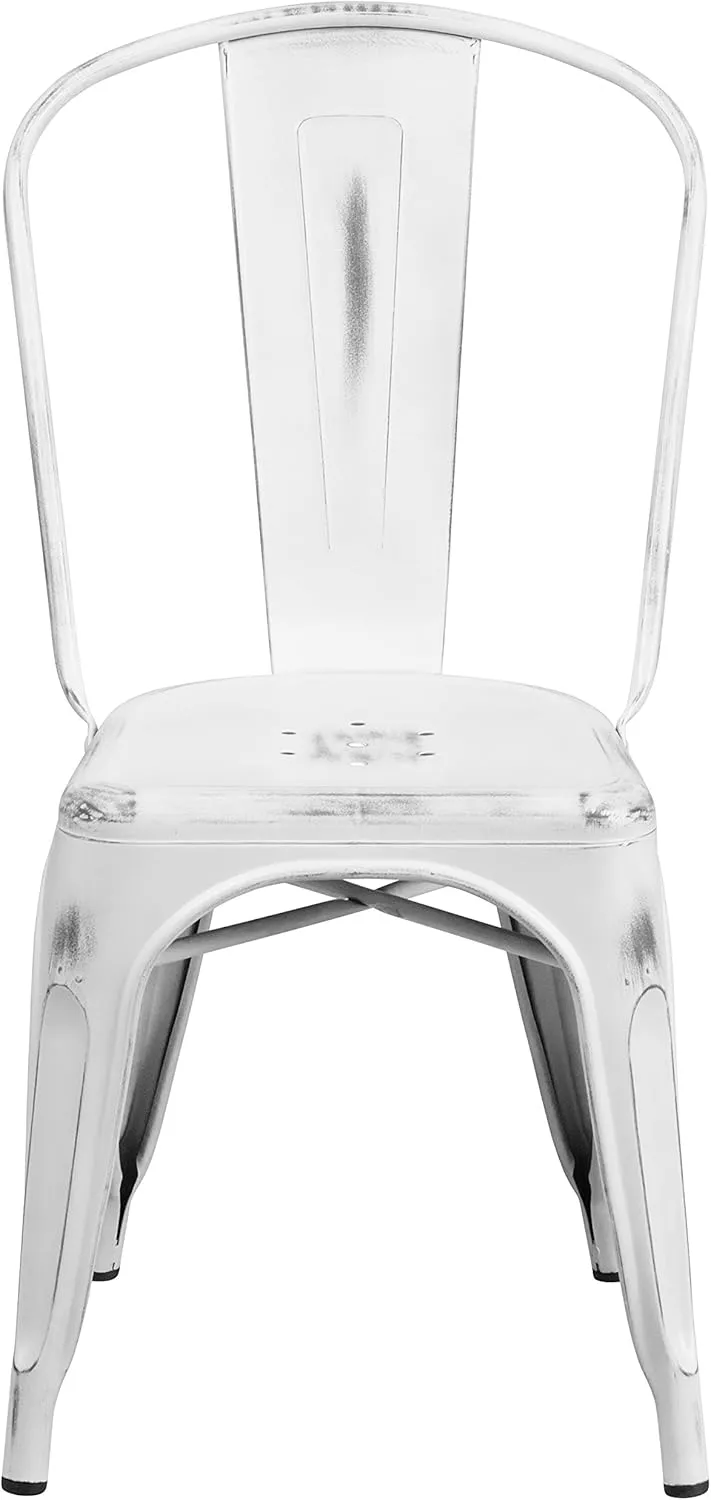 EMMA   OLIVER Commercial Grade Distressed White Metal Indoor-Outdoor Stackable Chair