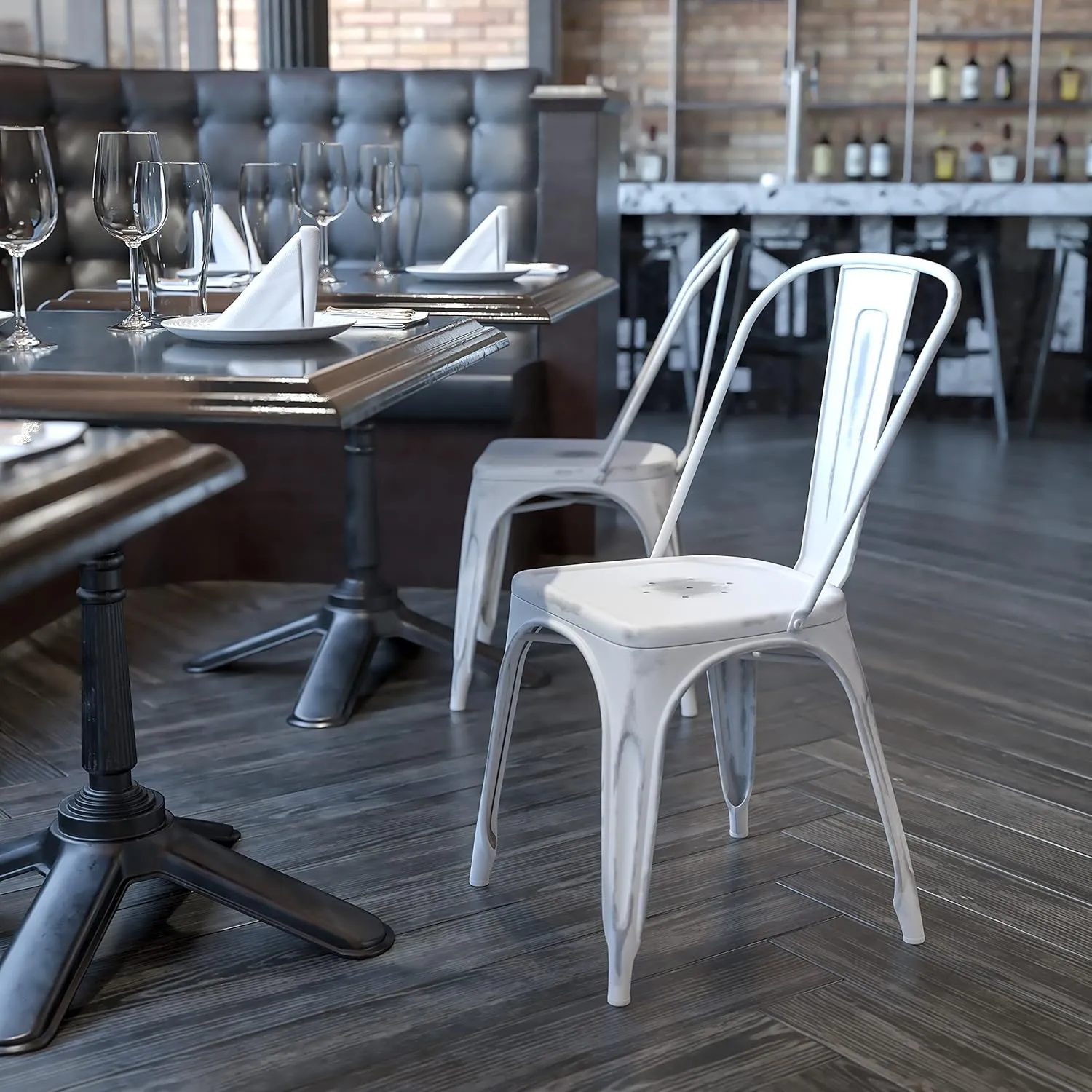 EMMA   OLIVER Commercial Grade Distressed White Metal Indoor-Outdoor Stackable Chair