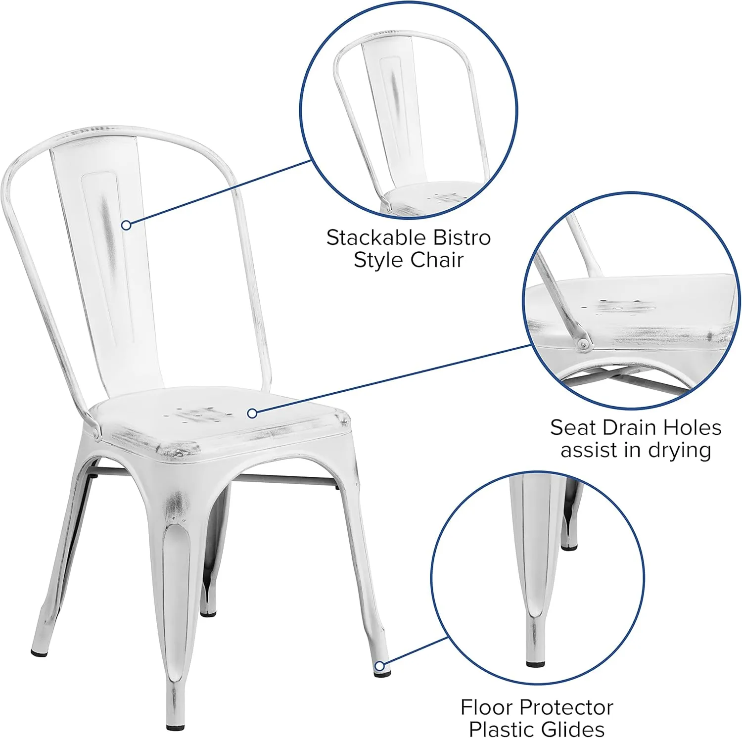 EMMA   OLIVER Commercial Grade Distressed White Metal Indoor-Outdoor Stackable Chair