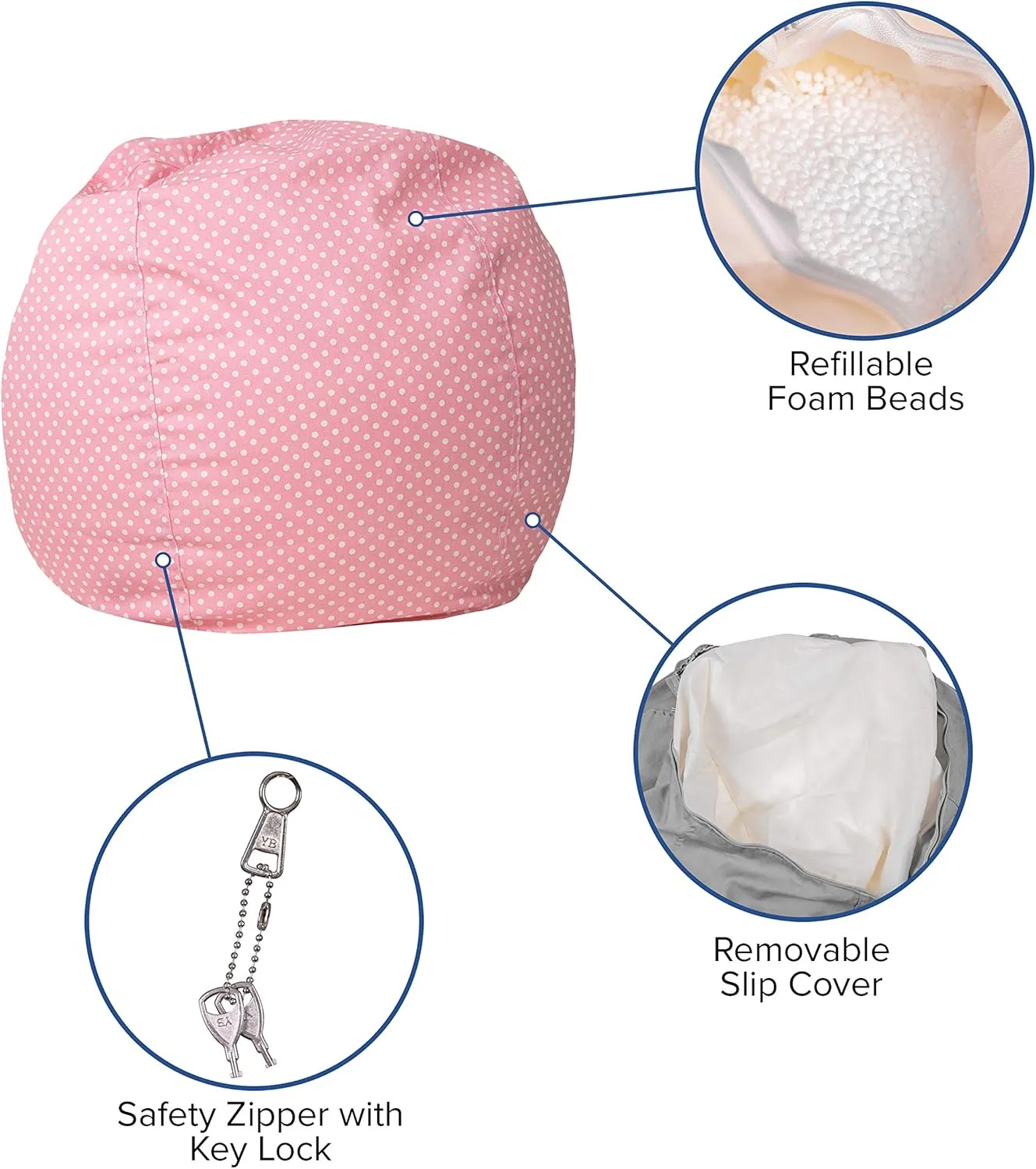 EMMA   OLIVER Small Light Pink Dot Bean Bag Chair for Kids and Teens