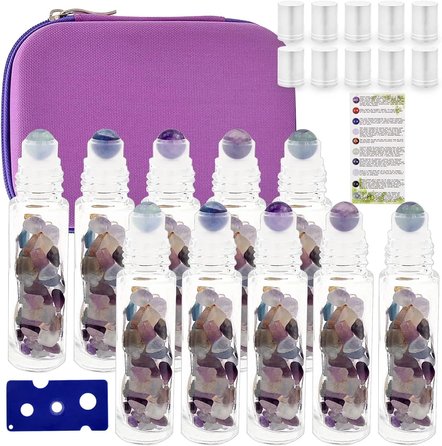 Essential Oil Roller Bottle EVA Carrying Travel Case and 10pcs Essential Oil Gemstone Roller Ball Bottles Frosted Glass Inside 10ml Healing Crystal Chips Feng Shui Roller (Fluorite)
