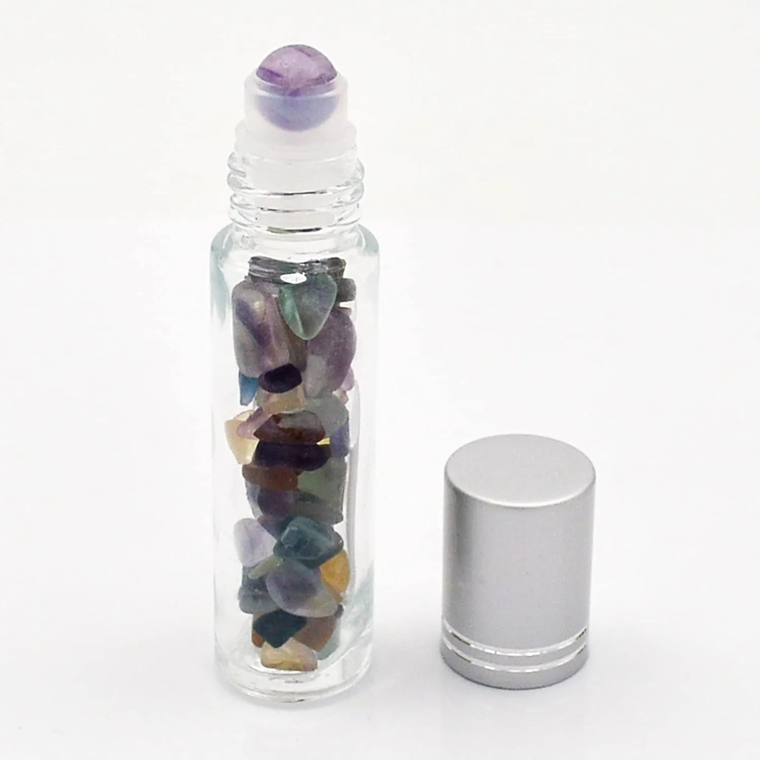 Essential Oil Roller Bottle EVA Carrying Travel Case and 10pcs Essential Oil Gemstone Roller Ball Bottles Frosted Glass Inside 10ml Healing Crystal Chips Feng Shui Roller (Fluorite)