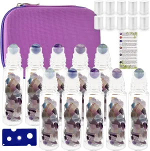 Essential Oil Roller Bottle EVA Carrying Travel Case and 10pcs Essential Oil Gemstone Roller Ball Bottles Frosted Glass Inside 10ml Healing Crystal Chips Feng Shui Roller (Fluorite)