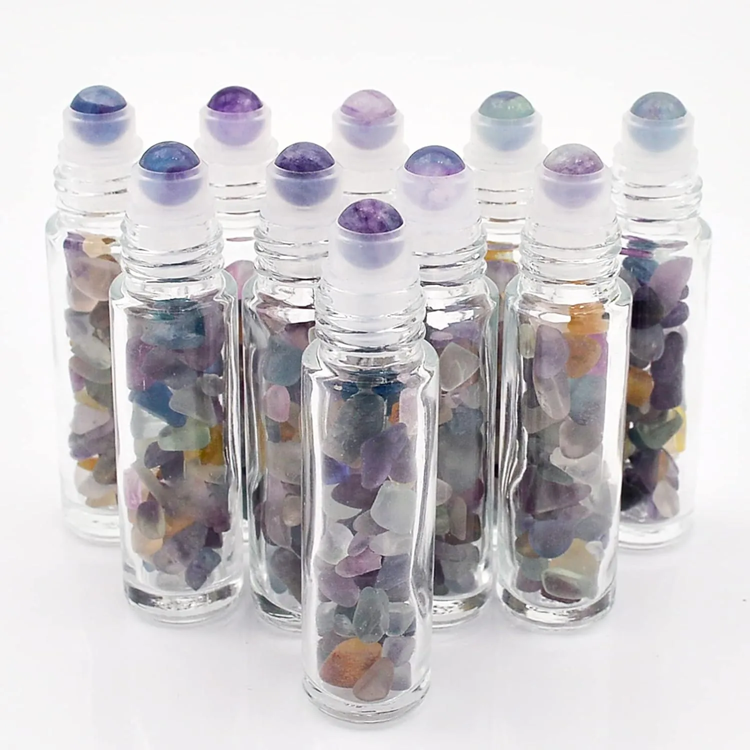 Essential Oil Roller Bottle EVA Carrying Travel Case and 10pcs Essential Oil Gemstone Roller Ball Bottles Frosted Glass Inside 10ml Healing Crystal Chips Feng Shui Roller (Fluorite)
