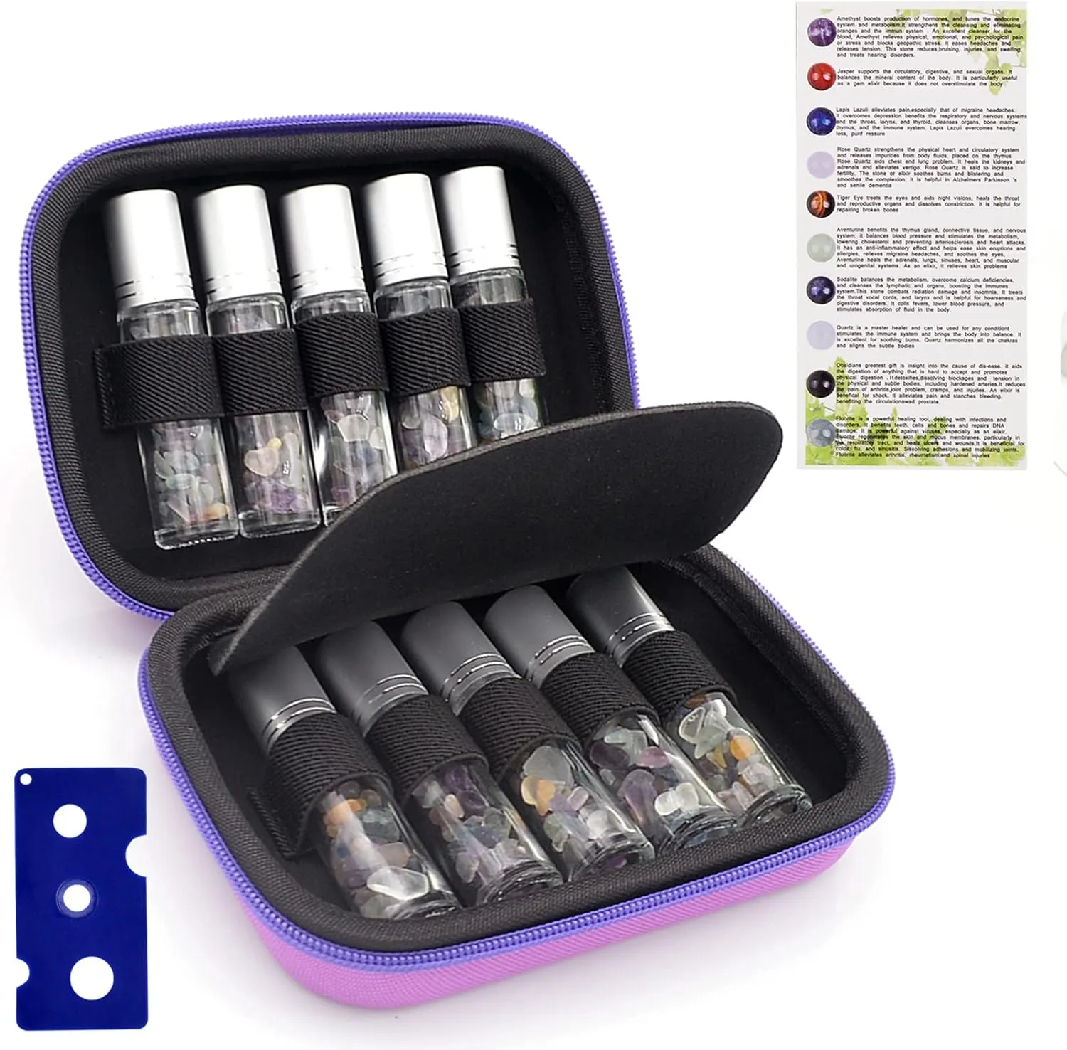 Essential Oil Roller Bottle EVA Carrying Travel Case and 10pcs Essential Oil Gemstone Roller Ball Bottles Frosted Glass Inside 10ml Healing Crystal Chips Feng Shui Roller (Fluorite)