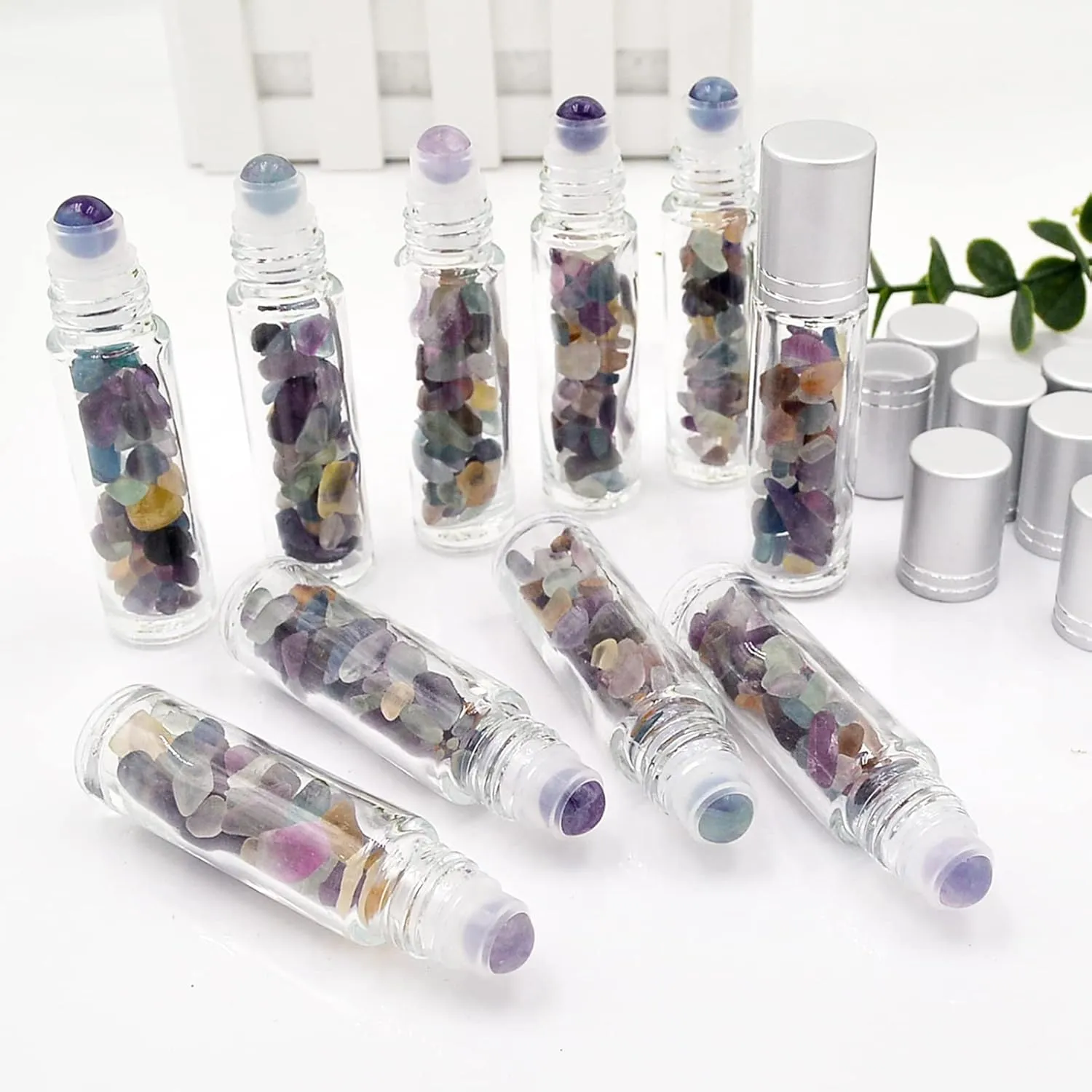 Essential Oil Roller Bottle EVA Carrying Travel Case and 10pcs Essential Oil Gemstone Roller Ball Bottles Frosted Glass Inside 10ml Healing Crystal Chips Feng Shui Roller (Fluorite)