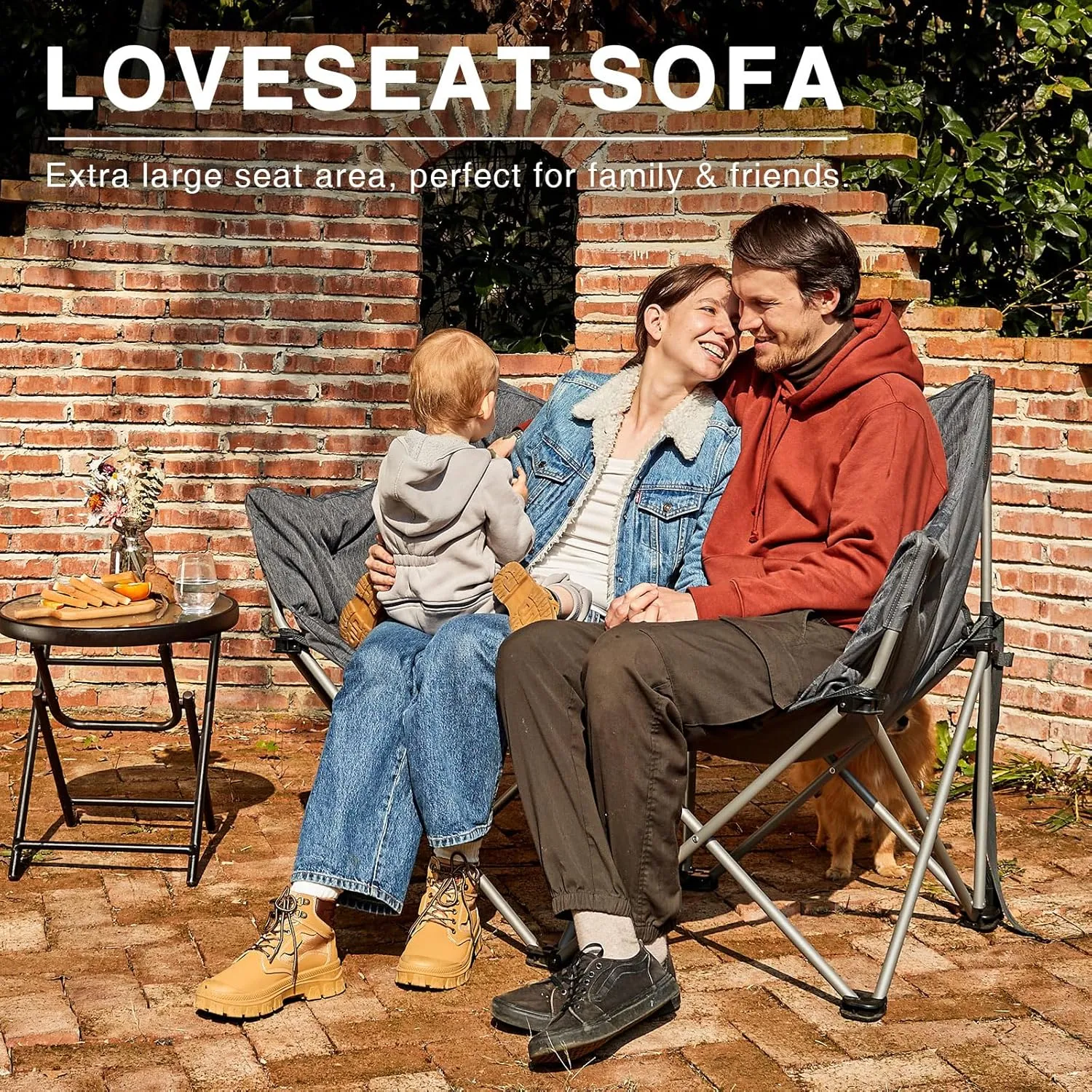 EVER ADVANCED Double Camping Chair for Adults, Padded Folding Camping Love Seat Bench with Side Pocket Portable Camping Couch, Two Person Heavy Duty Folding Outdoor Chair with Cushion,Support 600lbs