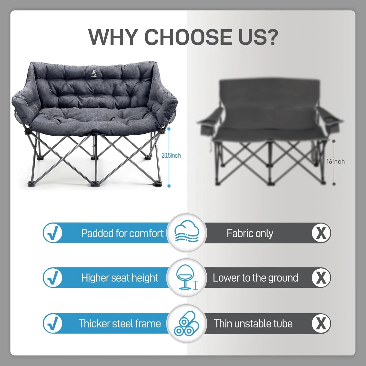 EVER ADVANCED Double Camping Chair for Adults, Padded Folding Camping Love Seat Bench with Side Pocket Portable Camping Couch, Two Person Heavy Duty Folding Outdoor Chair with Cushion,Support 600lbs
