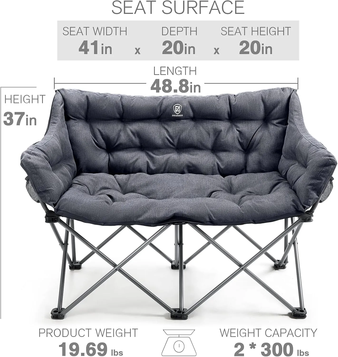 EVER ADVANCED Double Camping Chair for Adults, Padded Folding Camping Love Seat Bench with Side Pocket Portable Camping Couch, Two Person Heavy Duty Folding Outdoor Chair with Cushion,Support 600lbs