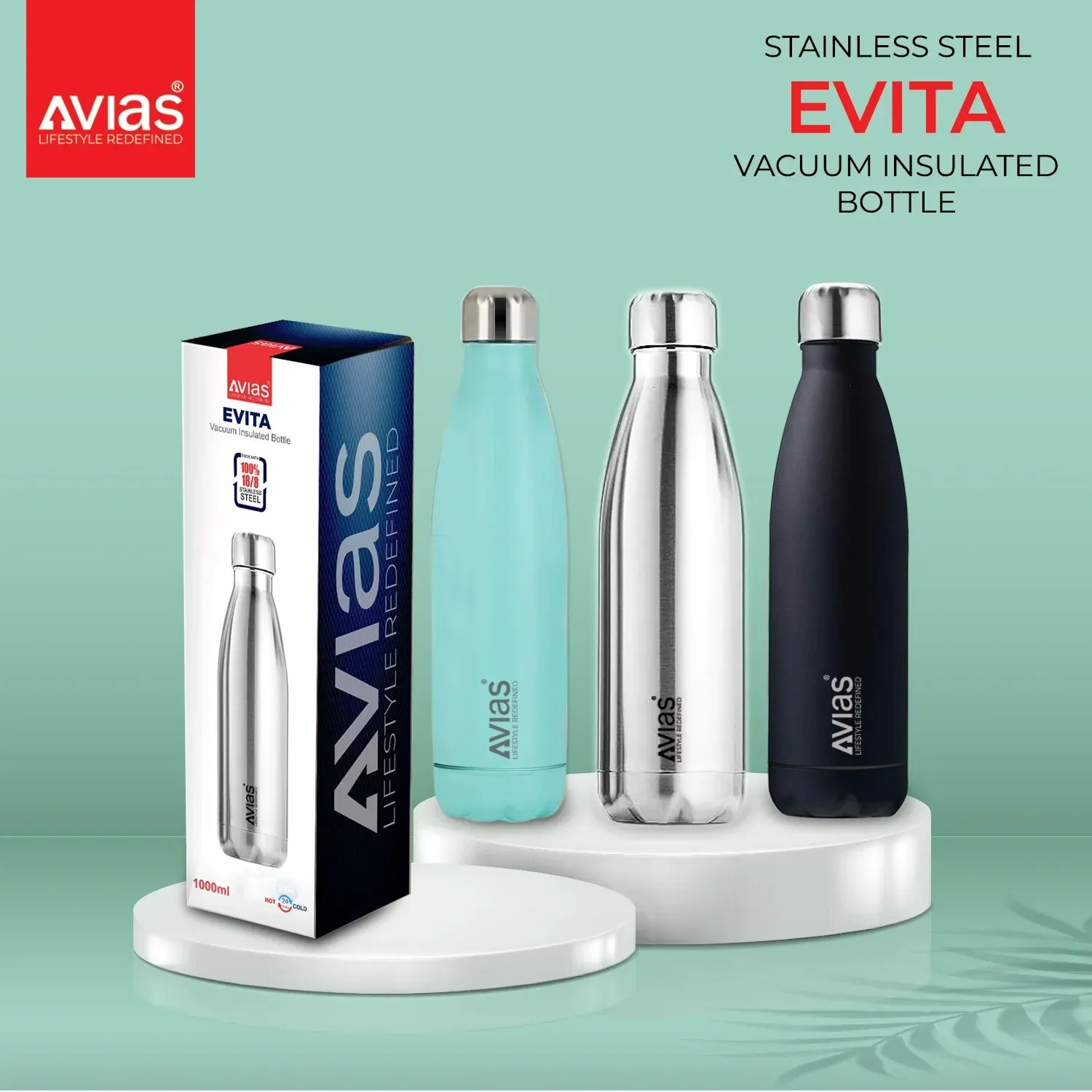 Evita Premium Stainless Steel Vacuum Insulated Flask Water Bottle| 1 Litre/ 750Ml | Silver