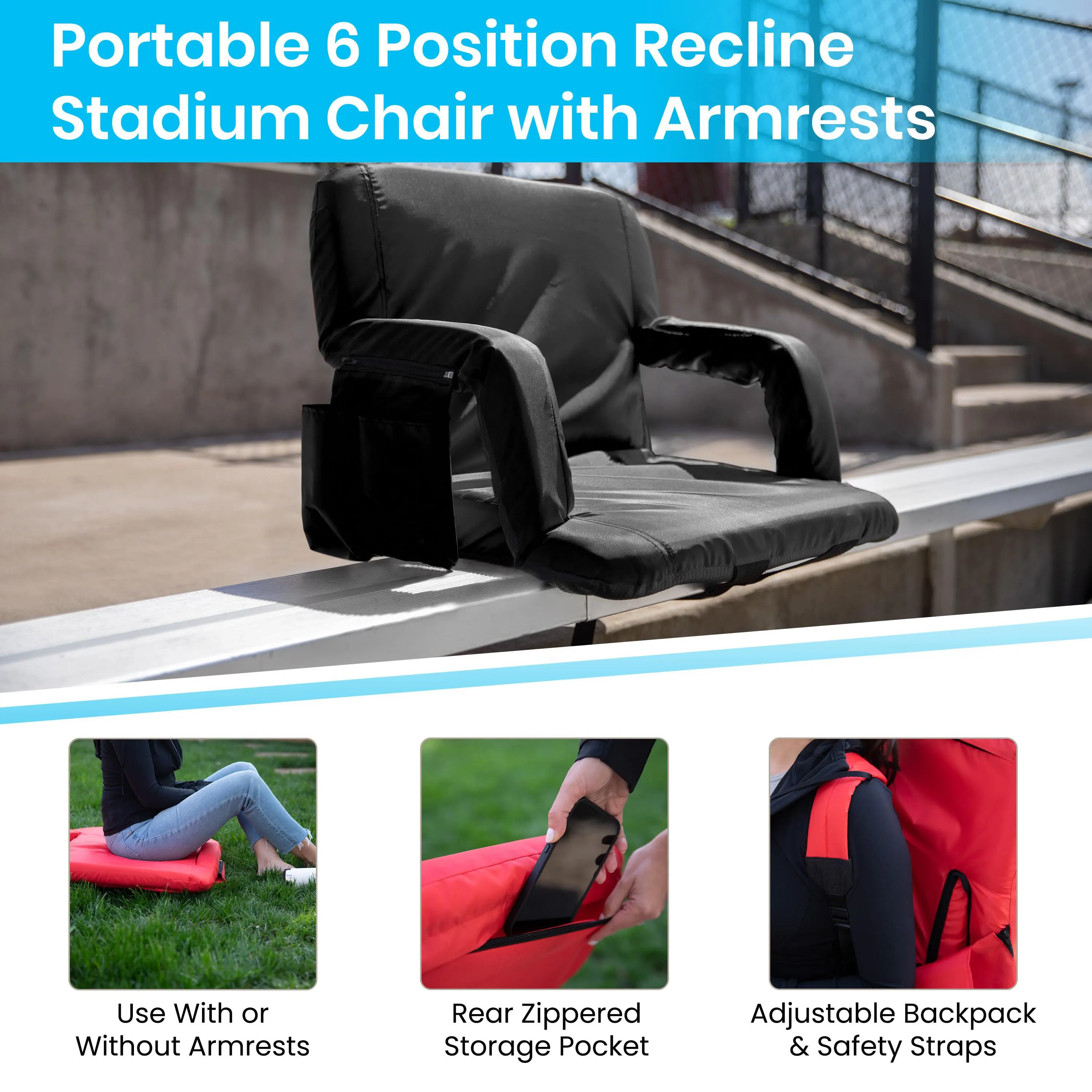 Extra Wide Lightweight Reclining Stadium Chair with Armrests, Padded Back & Seat with Dual Storage Pockets and Backpack Straps