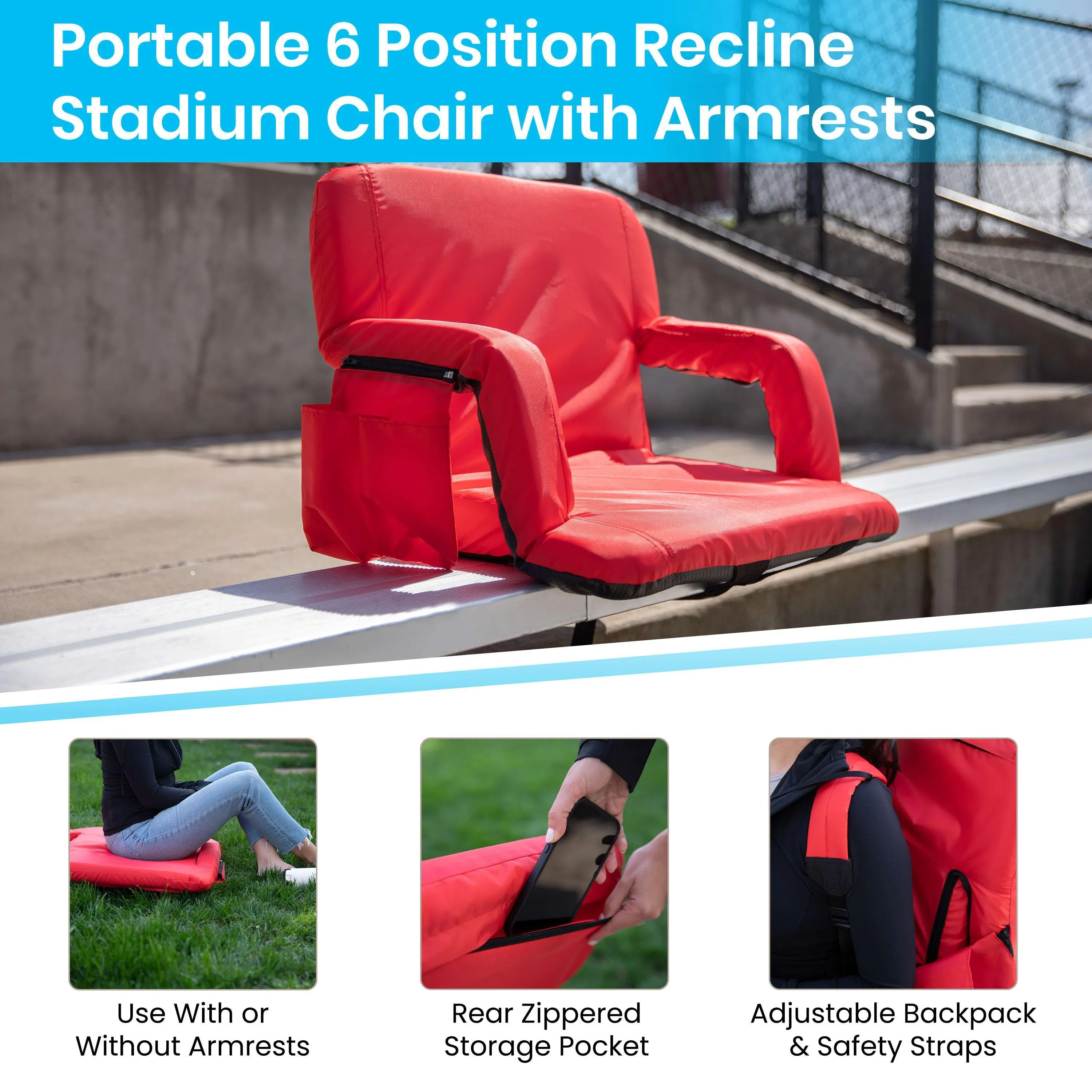 Extra Wide Lightweight Reclining Stadium Chair with Armrests, Padded Back & Seat with Dual Storage Pockets and Backpack Straps