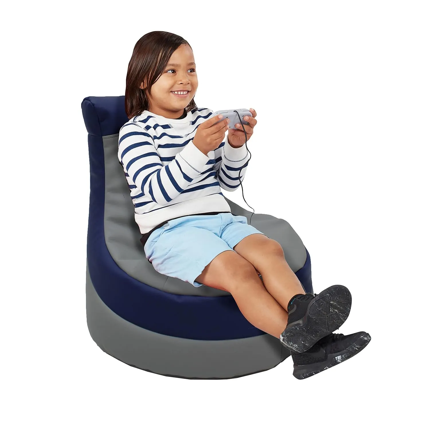 Factory Direct Partners SoftScape Little Gamer Bean Bag Chair for Kids, Comfy Bean-Filled Flexible Floor Seating for Reading, Gaming, Sitting in Playroom, Rec Room or Classroom - Gray/Navy, 14453-GYNV