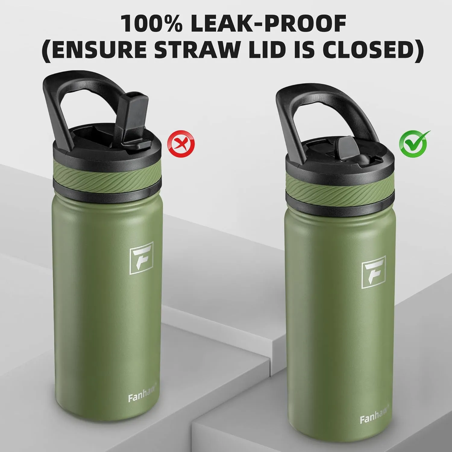 Fanhaw 18 Oz Kids Insulated Water Bottle with Straw Lid – Stainless Steel Double Wall Vacuum, Leak-Proof, BPA-Free Water Bottles for School Boys & Girls(Olive Green)