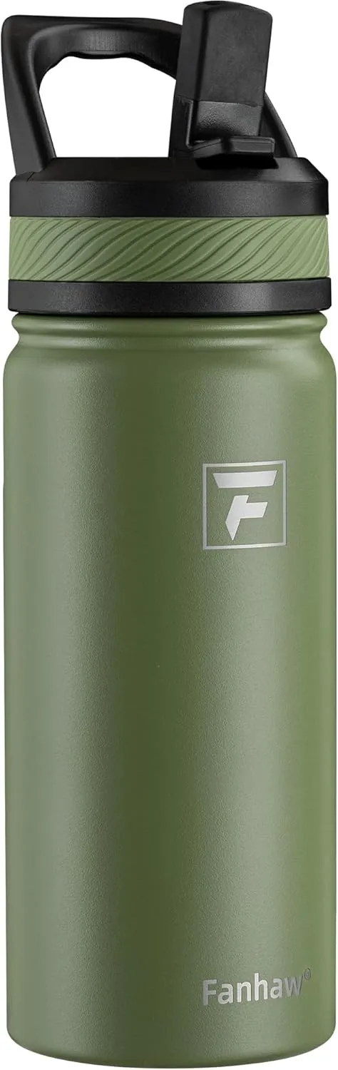 Fanhaw 18 Oz Kids Insulated Water Bottle with Straw Lid – Stainless Steel Double Wall Vacuum, Leak-Proof, BPA-Free Water Bottles for School Boys & Girls(Olive Green)