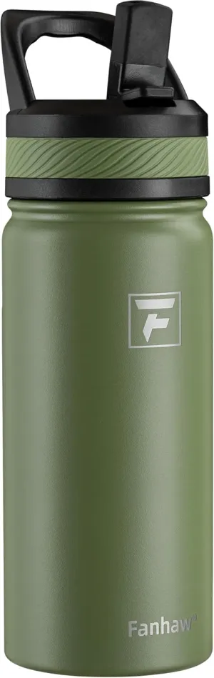 Fanhaw 18 Oz Kids Insulated Water Bottle with Straw Lid – Stainless Steel Double Wall Vacuum, Leak-Proof, BPA-Free Water Bottles for School Boys & Girls(Olive Green)