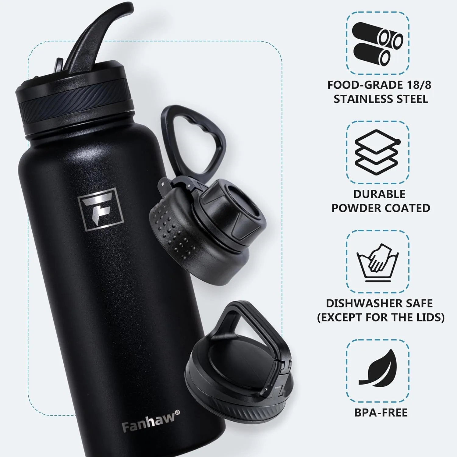 Fanhaw 32 oz Stainless Steel Insulated Water Bottle with 3 Lids (Straw, Spout and Carabiner Lid) - Wide Mouth Travel Thermal Mug (Black)
