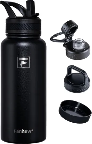 Fanhaw 32 oz Stainless Steel Insulated Water Bottle with 3 Lids (Straw, Spout and Carabiner Lid) - Wide Mouth Travel Thermal Mug (Black)