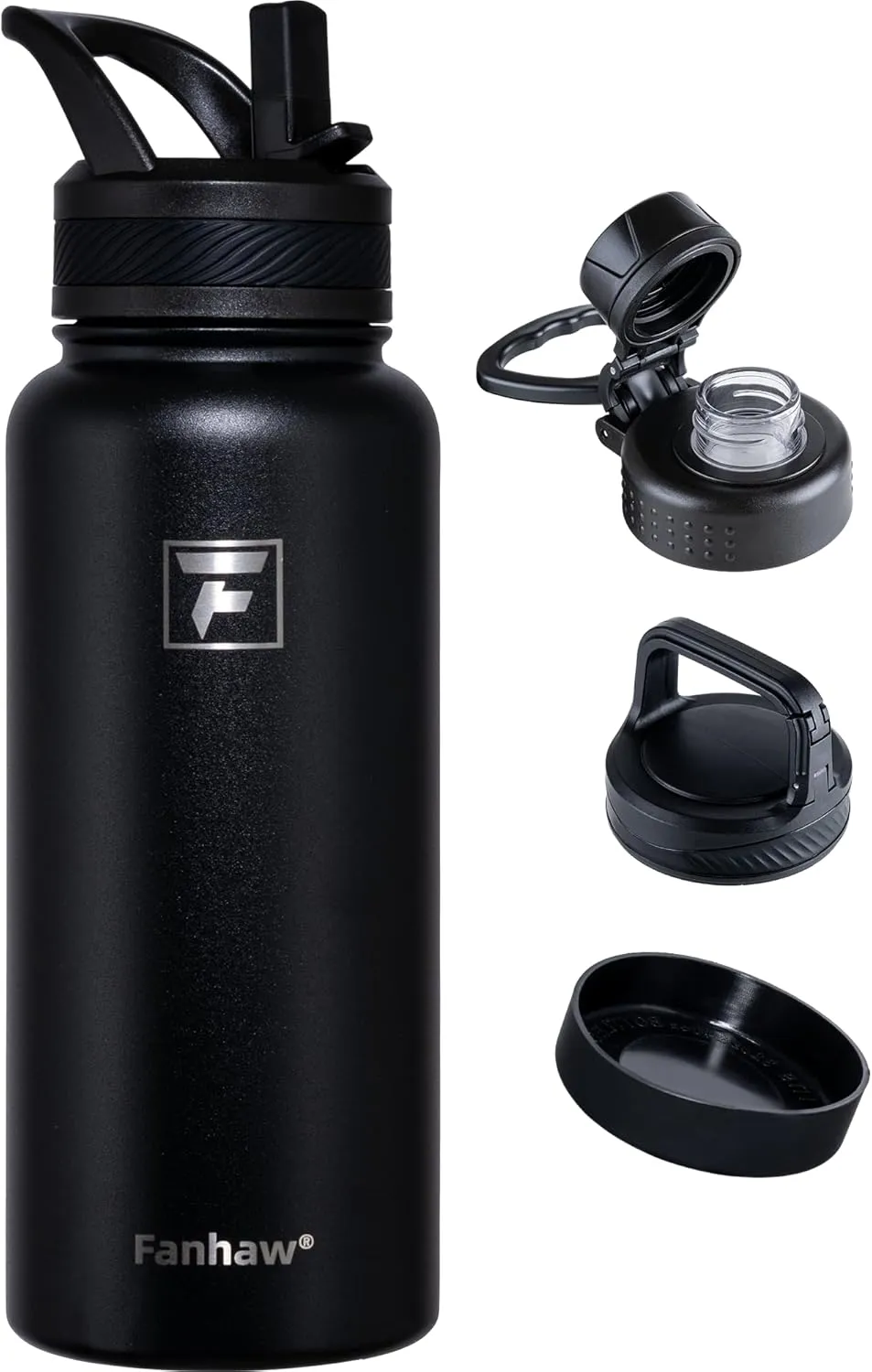 Fanhaw 32 oz Stainless Steel Insulated Water Bottle with 3 Lids (Straw, Spout and Carabiner Lid) - Wide Mouth Travel Thermal Mug (Black)