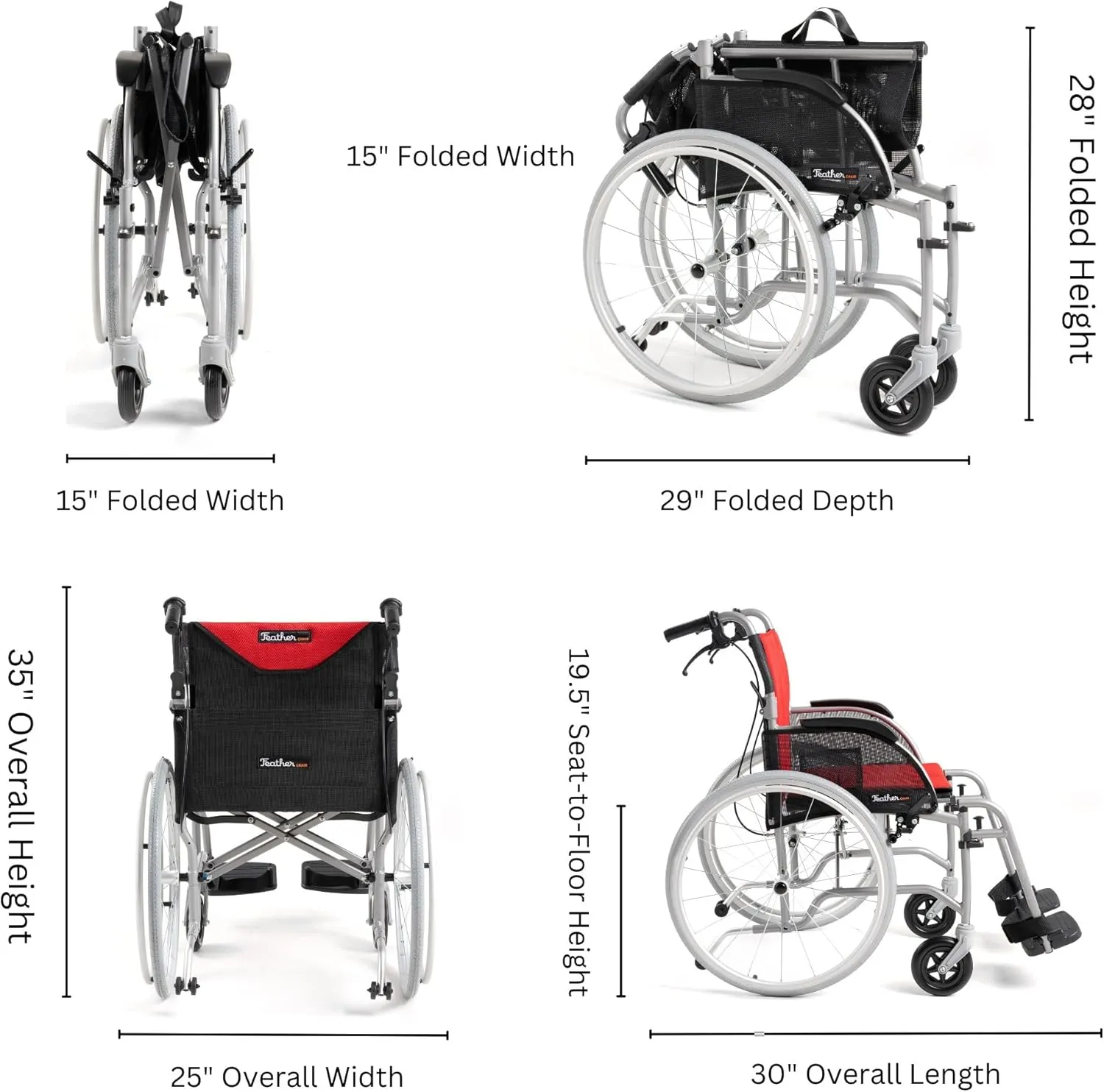Feather Mobility - Red Cushion 13.5lb Silver Frame Lightweight Folding Wheelchair - Seat Width 18" with Swingaway Legrests, Anti-tippers, and Quick Release Wheels