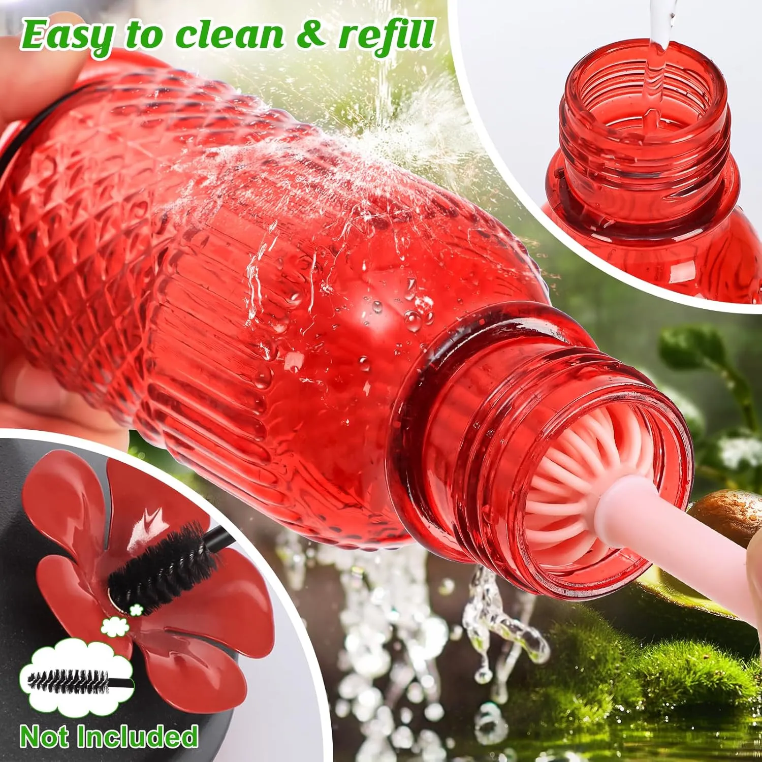 FEED GARDEN Glass Hummingbird Feeder for Outdoors Hanging, 16 OZ Humming Birds Feeders with 4 Bee Guard Feeding Ports & Built-in Ant Moat, Bird Feeder for Outside, Gifts for Women Mom, Red