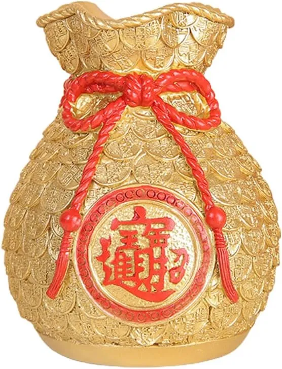 Feng Shui Money Bag Statue, Resin Crafts Lucky Bag Vase, Chinese Fengshui Fortune Coin Vase for Home Party Wedding Dorm Table Desktop Decor (Gold)