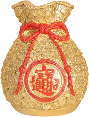 Feng Shui Money Bag Statue, Resin Crafts Lucky Bag Vase, Chinese Fengshui Fortune Coin Vase for Home Party Wedding Dorm Table Desktop Decor (Gold)