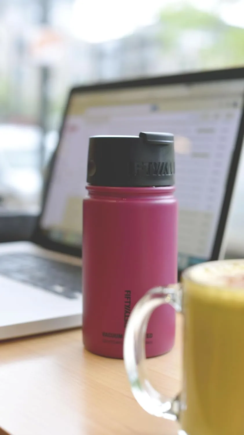 Fifty/Fifty 12oz, Double Wall Vacuum Insulated Café Water Bottle, Stainless Steel, Flip Cap w/ Wide Mouth, Cherry Red, 12oz/354ml