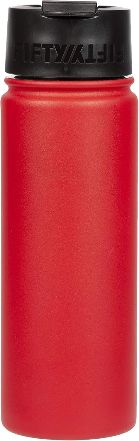 FIFTY/FIFTY 20oz, Double Wall Vacuum Insulated Café Water Bottle, Stainless Steel, Flip Cap w/ Wide Mouth, Cherry Red, 20oz/591ml