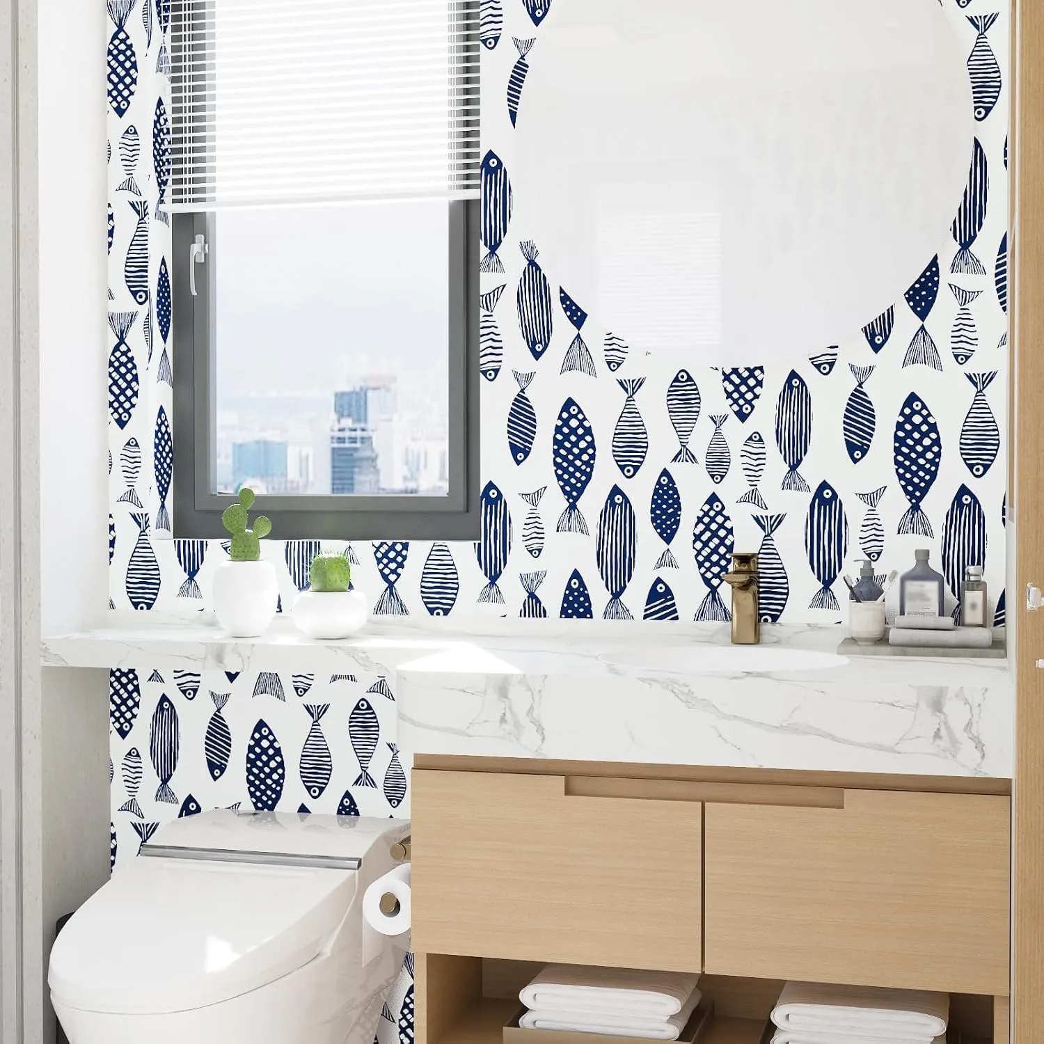 Fishes Wallpaper Peel and Stick Blue Fish Contact Paper White Blue Floral Wallpaper Boho Waterproof Self-Adhesive Wall Covering for Bedroom Kitchen Countertop Desk Cabinets Decor 17.4" x 118"
