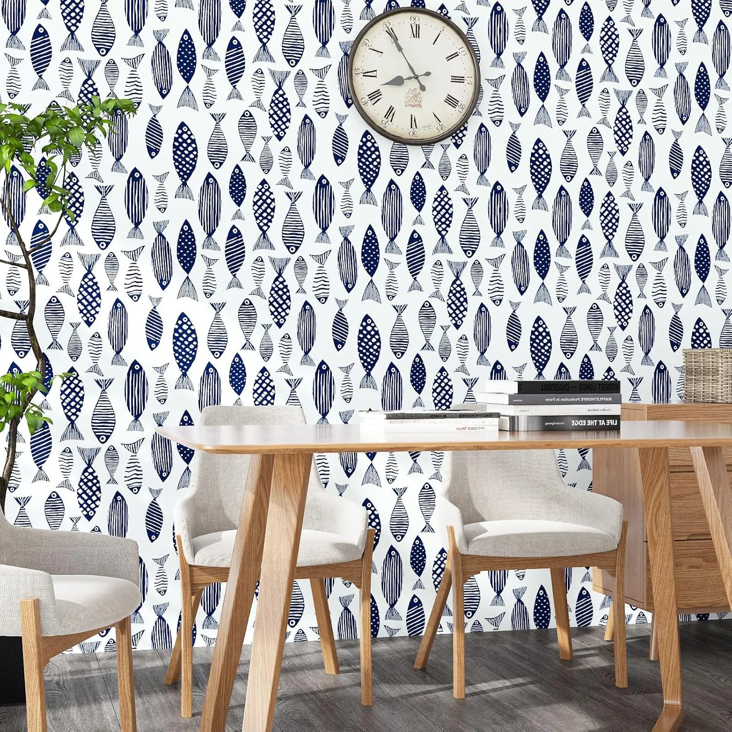 Fishes Wallpaper Peel and Stick Blue Fish Contact Paper White Blue Floral Wallpaper Boho Waterproof Self-Adhesive Wall Covering for Bedroom Kitchen Countertop Desk Cabinets Decor 17.4" x 118"