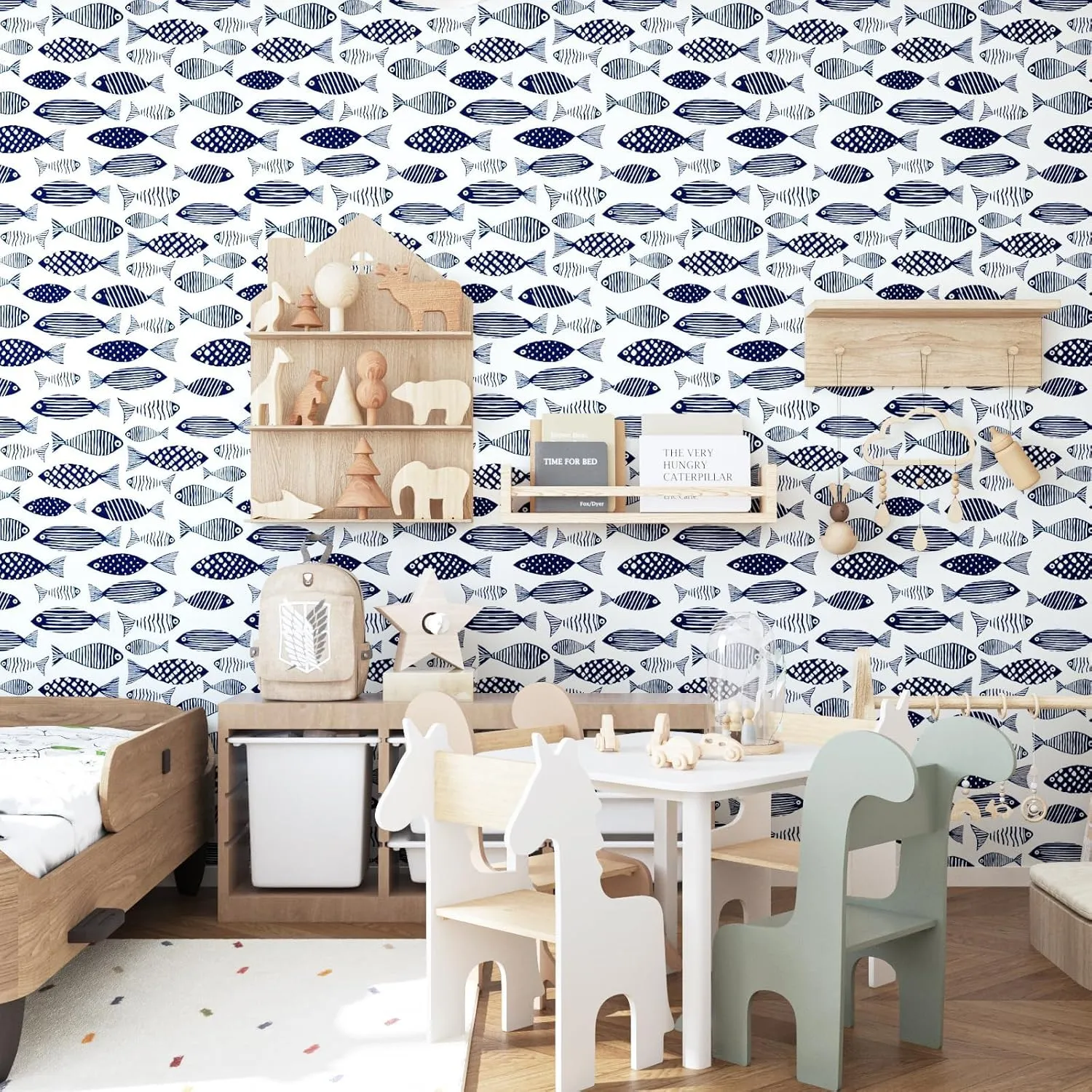 Fishes Wallpaper Peel and Stick Blue Fish Contact Paper White Blue Floral Wallpaper Boho Waterproof Self-Adhesive Wall Covering for Bedroom Kitchen Countertop Desk Cabinets Decor 17.4" x 118"