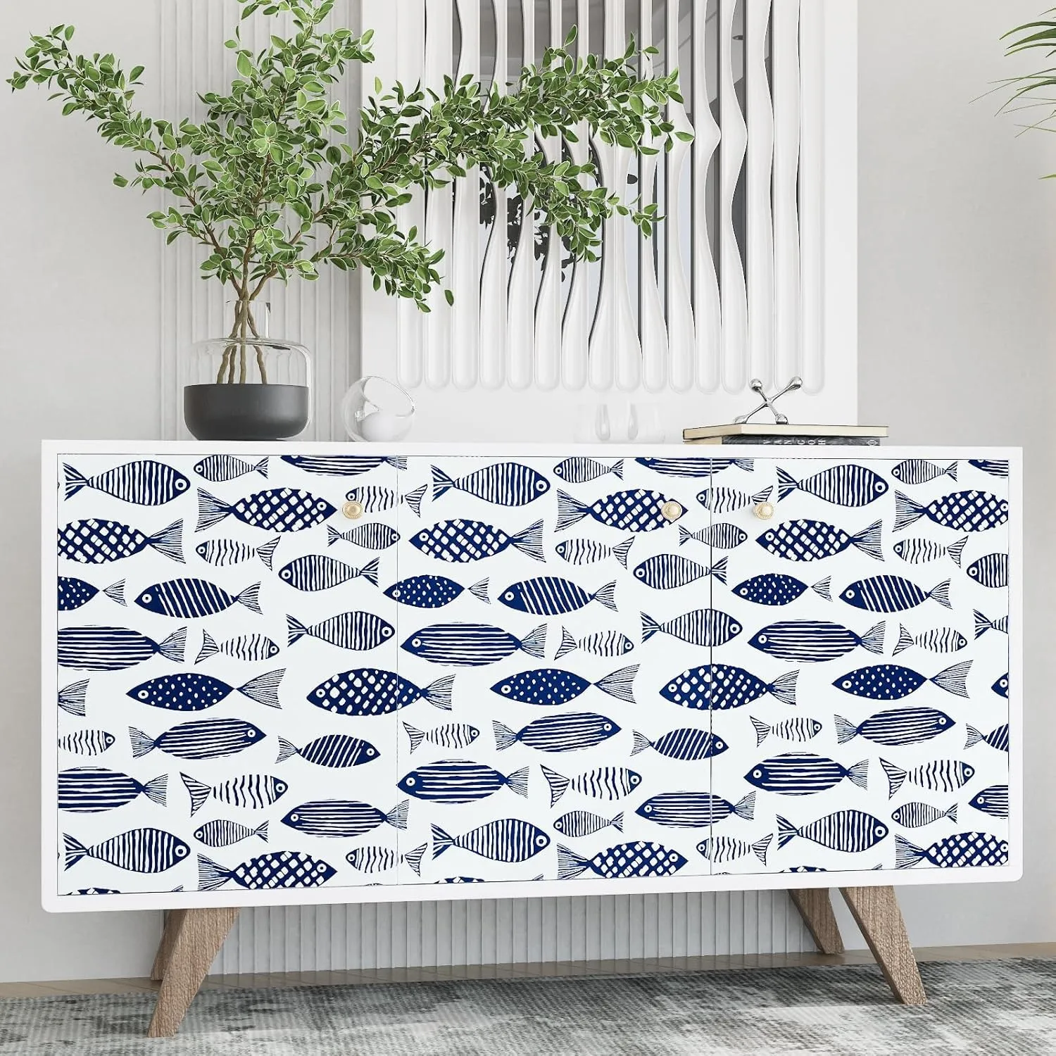 Fishes Wallpaper Peel and Stick Blue Fish Contact Paper White Blue Floral Wallpaper Boho Waterproof Self-Adhesive Wall Covering for Bedroom Kitchen Countertop Desk Cabinets Decor 17.4" x 118"