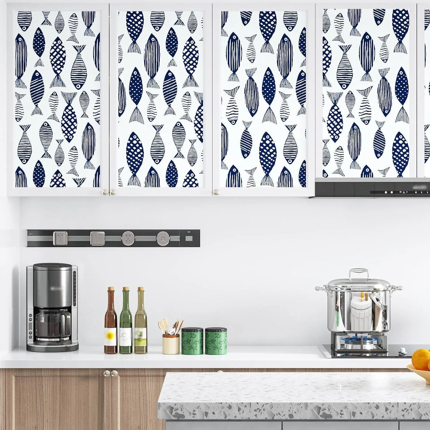 Fishes Wallpaper Peel and Stick Blue Fish Contact Paper White Blue Floral Wallpaper Boho Waterproof Self-Adhesive Wall Covering for Bedroom Kitchen Countertop Desk Cabinets Decor 17.4" x 118"