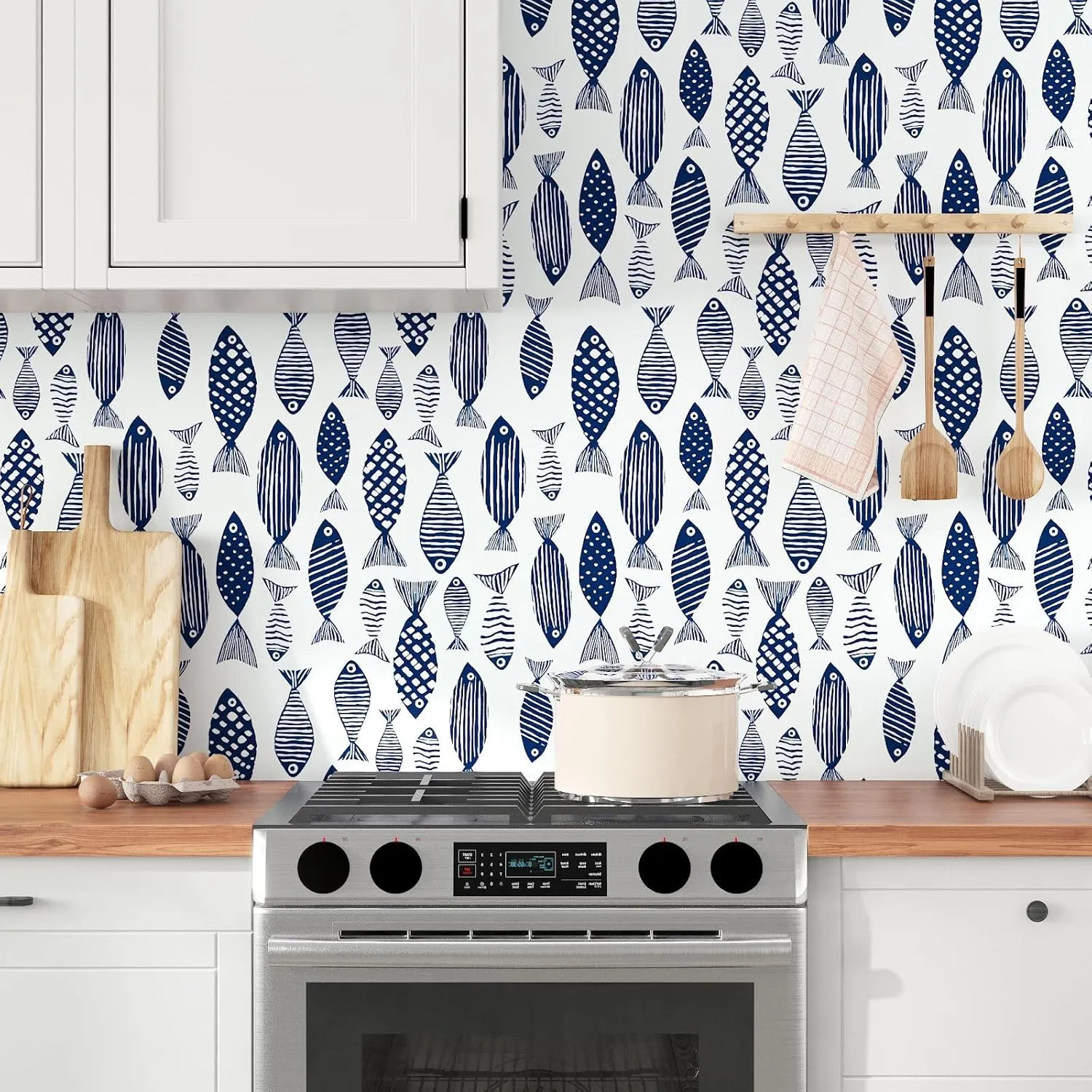 Fishes Wallpaper Peel and Stick Blue Fish Contact Paper White Blue Floral Wallpaper Boho Waterproof Self-Adhesive Wall Covering for Bedroom Kitchen Countertop Desk Cabinets Decor 17.4" x 118"