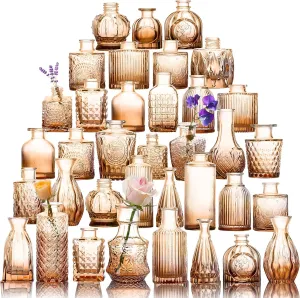 Fixwal 36 Glass Bud Vase Set, Small Vases for Flowers, Vases for Centerpieces Little Flower Vases in Bulk for Rustic Wedding Decorations Vintage Look Home Table Decor (Amber)